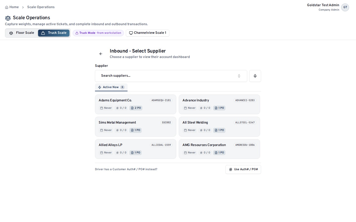 OnlineScrap supplier selection screen with voice search and active supplier accounts showing their open purchase orders