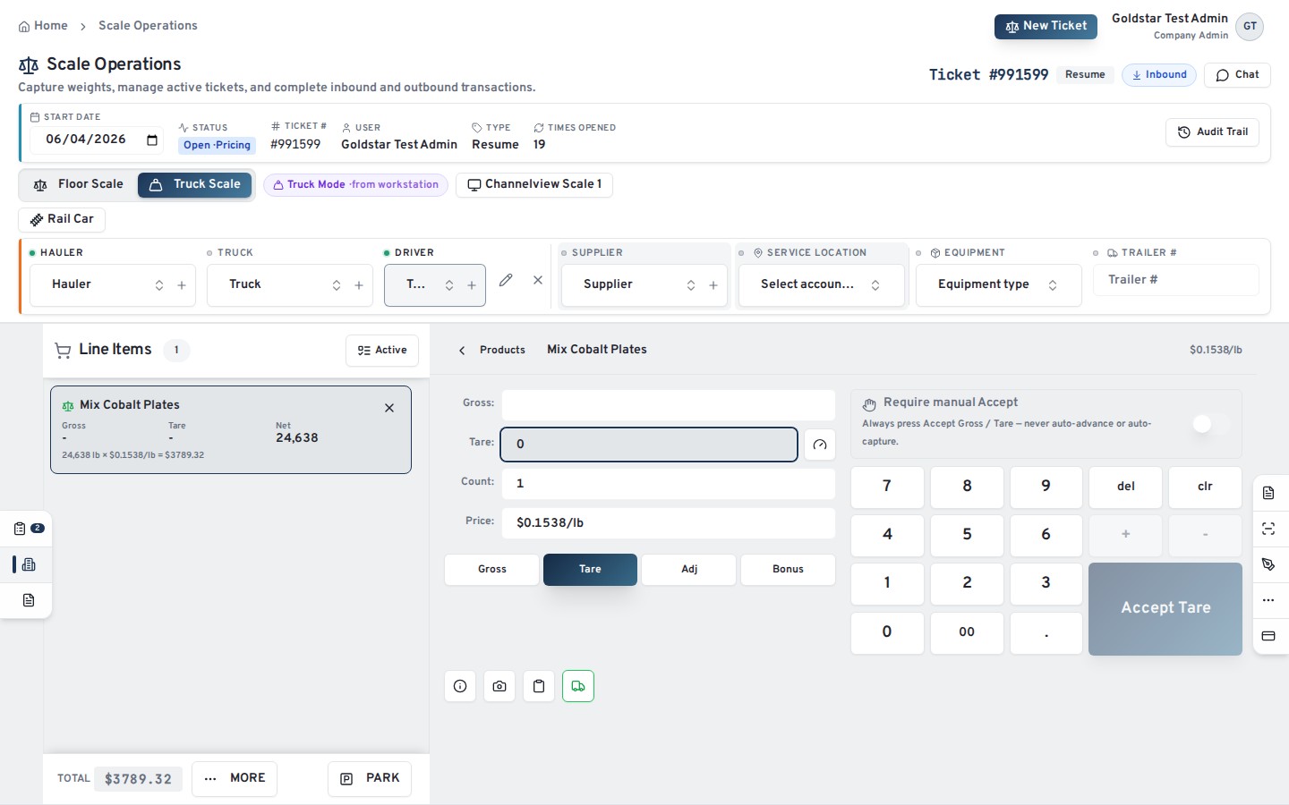 OnlineScrap scale workspace capturing a tare weight on the keypad against an open inbound ticket